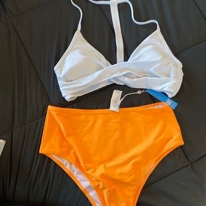 Cupshe. Solid White Bikini with Orange High Waisted Bottom
